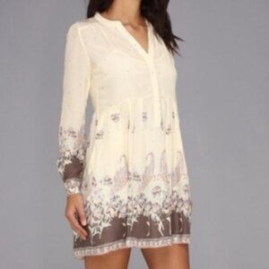 Free People Cream and Brown Long Sleeve Dress